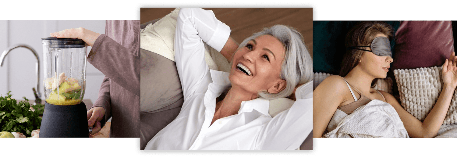 Collage of three images: a person using a blender, a woman in bed, and a woman with a sleep mask.
