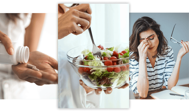 Collage of a person holding a bottle, a salad with tomatoes and lettuce, and a woman looking stressed.