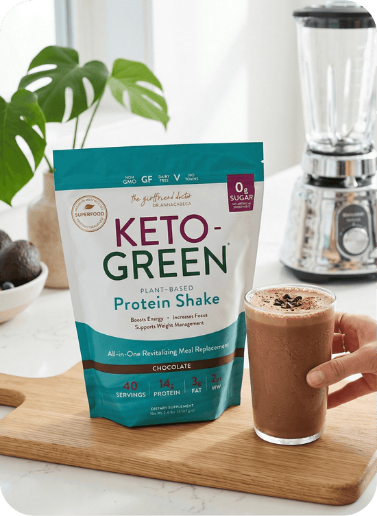 Keto-Green protein shake package with a glass of shake on a wooden board, blender in the background.