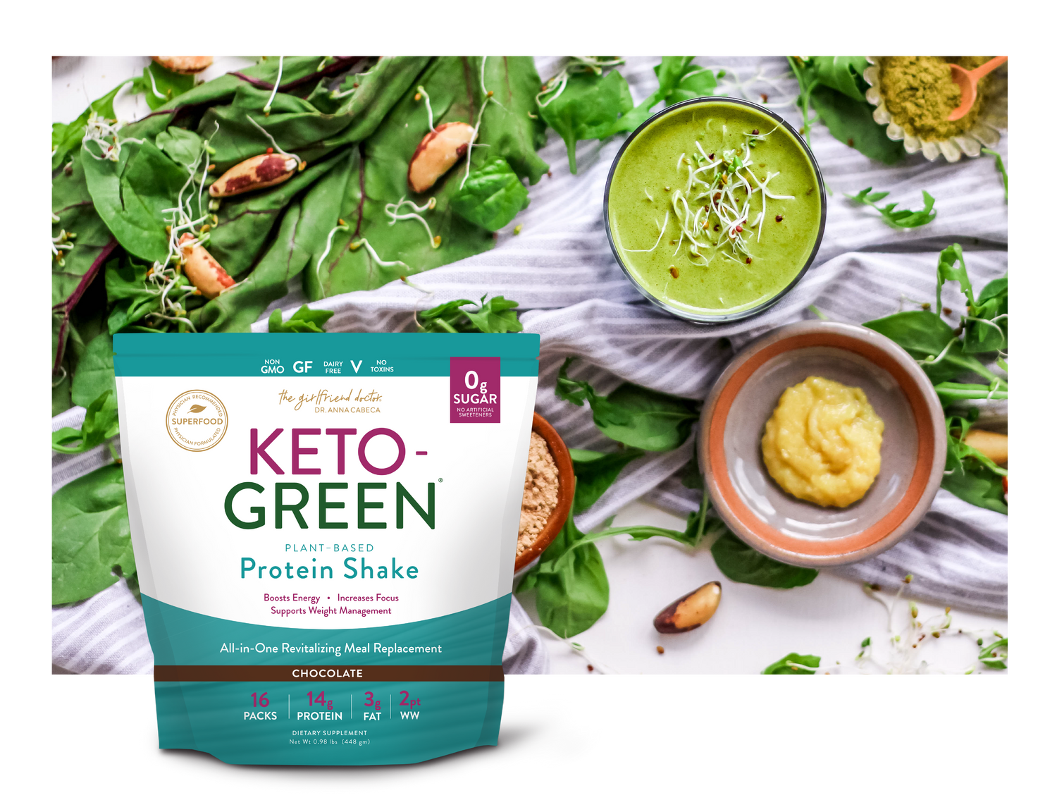 Bag of Keto-Green Protein Shake 16 Serving with plant based dishes in the background