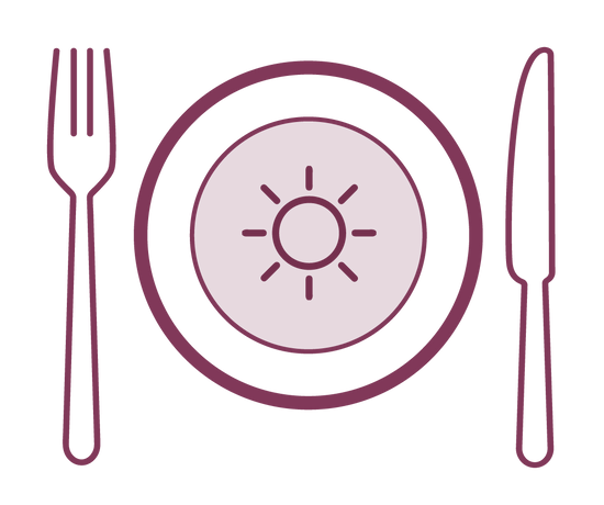 Icon: Meal place setting with a sun superimposed