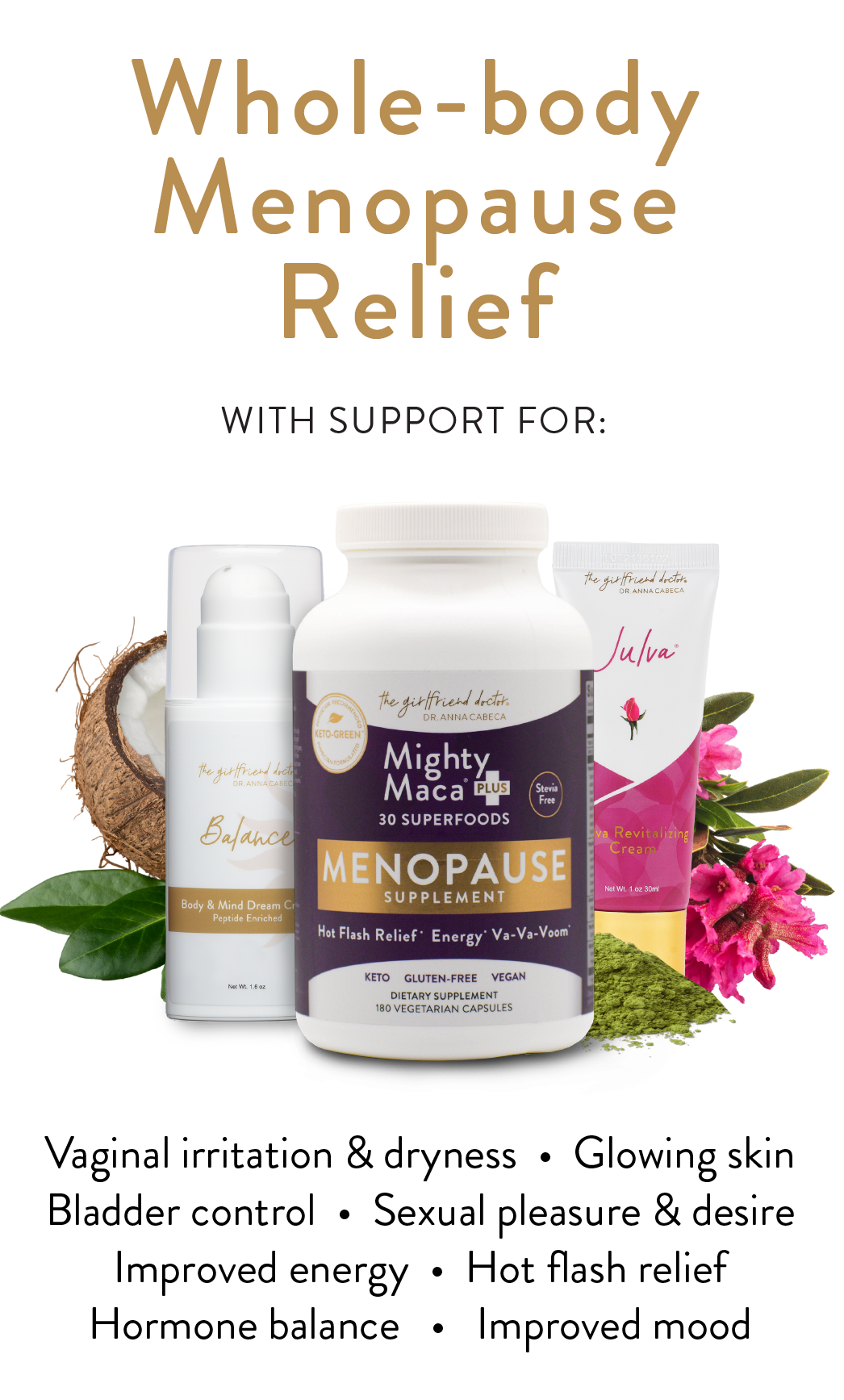 Whole-body menopause relief with support for: vaginal irritation & dryness, glowing skin, bladder control, sexual pleasure & desire, improved energy, hot flash relief, hormone balance, improved mood.