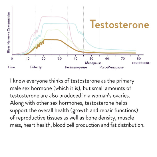 I know everyone thinks of testosterone as the primary male sex hormone (which it is), but small amounts of testosterone are also produced in a woman's ovaries. Along with other sex hormones, testosterone helps support the overall health (growth and repair functions) of reproductive tissues as well as bone density, muscle mass, heart health, blood cell production and fat distribution. Chart shows an increase between ages 10 and 20 and a decrease after age 30.