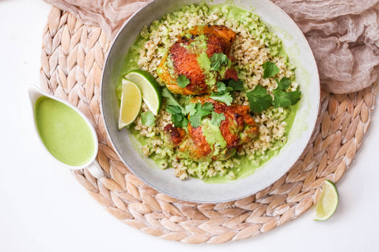 Curry Skillet Chicken with Coconut Cilantro Sauce and Cauliflower Rice