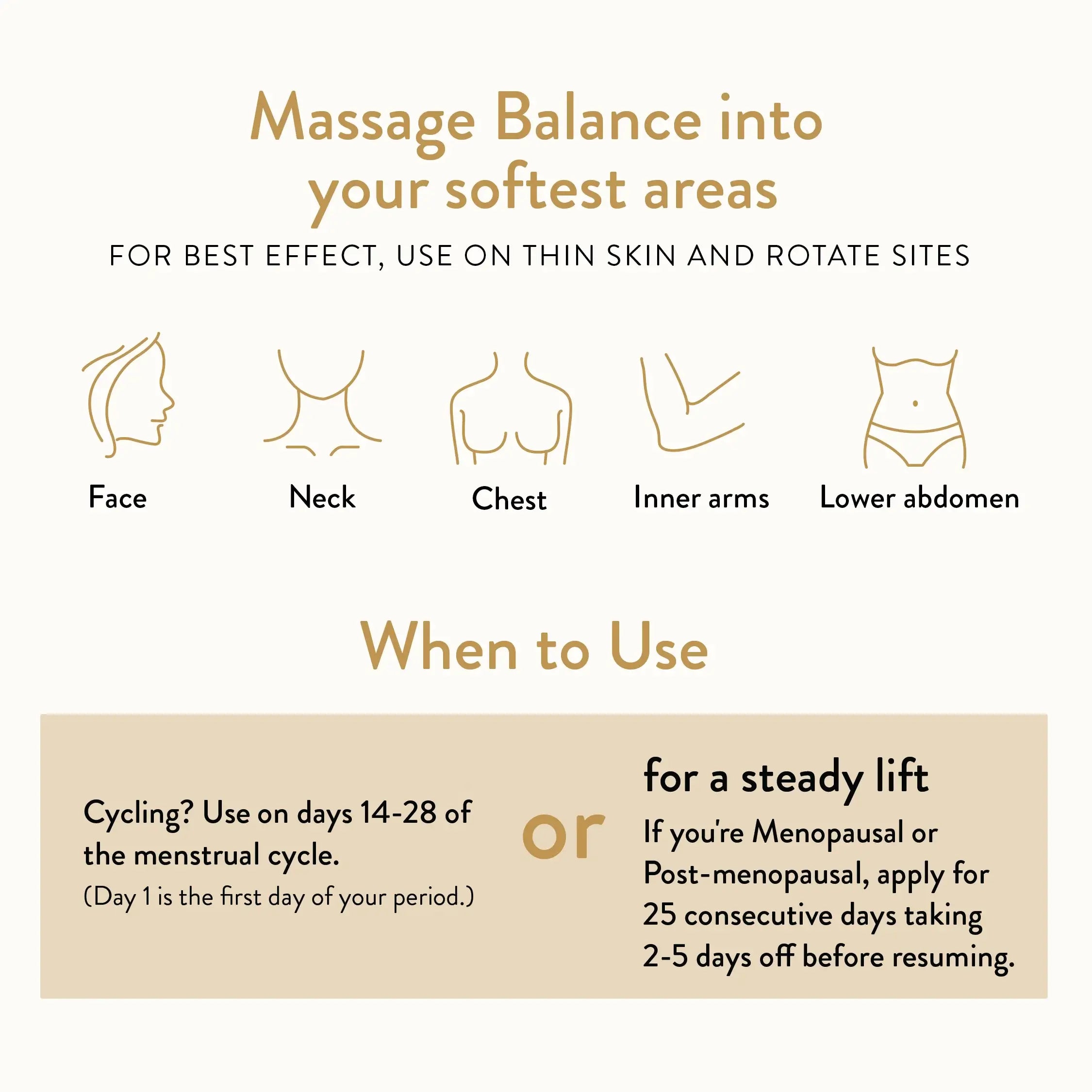 Infographic: Massage balance into your softest areas. For best effect, use on thin skin and rotate sites (face, neck, chest, inner arms, lower abdomen).