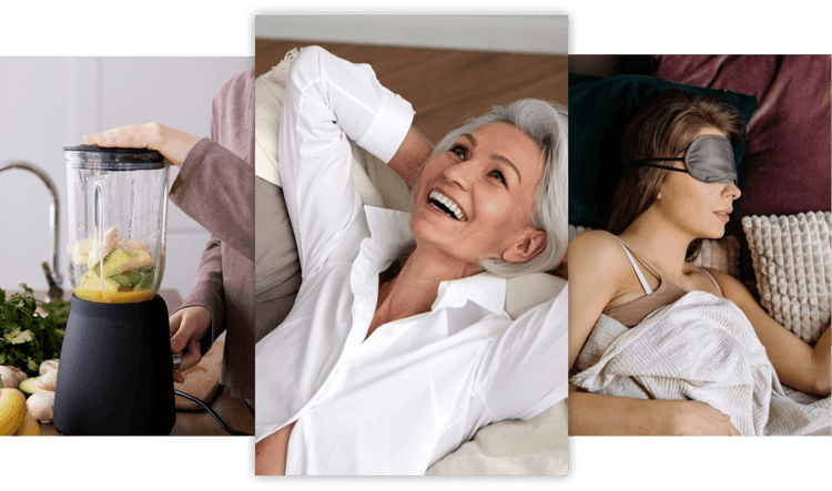 Collage of three images: a blender with fruit, a person relaxing, and a person sleeping.