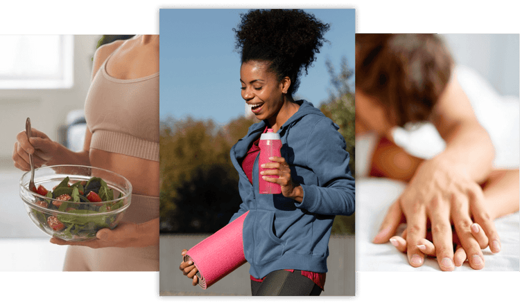 Three images: a person eating salad, a woman exercising with a water bottle, and a close-up of hands.