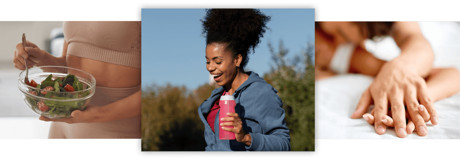 Three images: a person holding a bowl of salad, a woman exercising outdoors, and a close-up of hands.