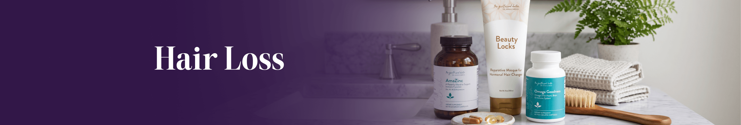 Hair care products and supplements on a purple background with 'Hair Loss' text.