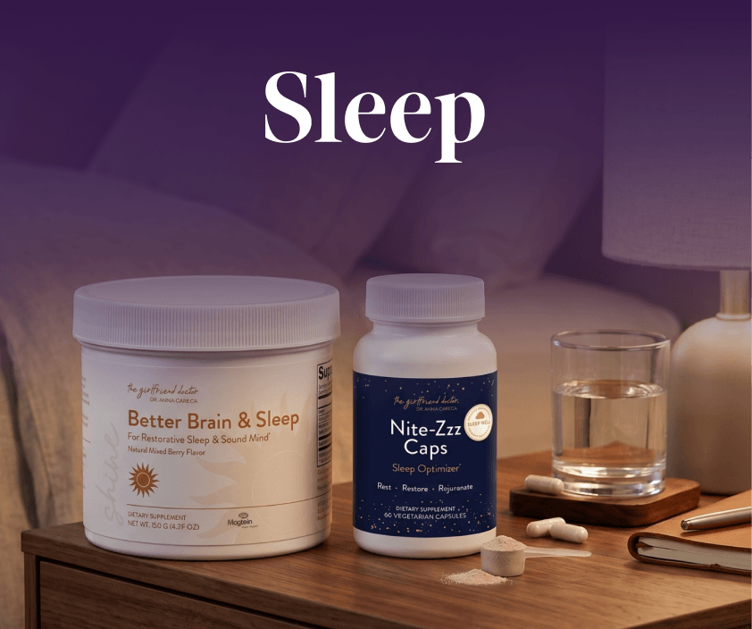 Two containers labeled 'Better Brain & Sleep' and 'Nite-Zzz Caps' on a nightstand with a glass of water and a lamp in the background.