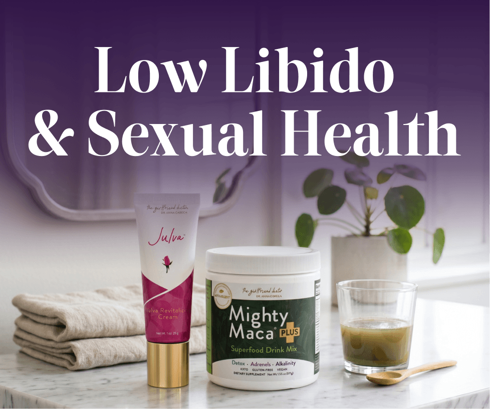 Supplement products for low libido and sexual health on a table with a purple background.