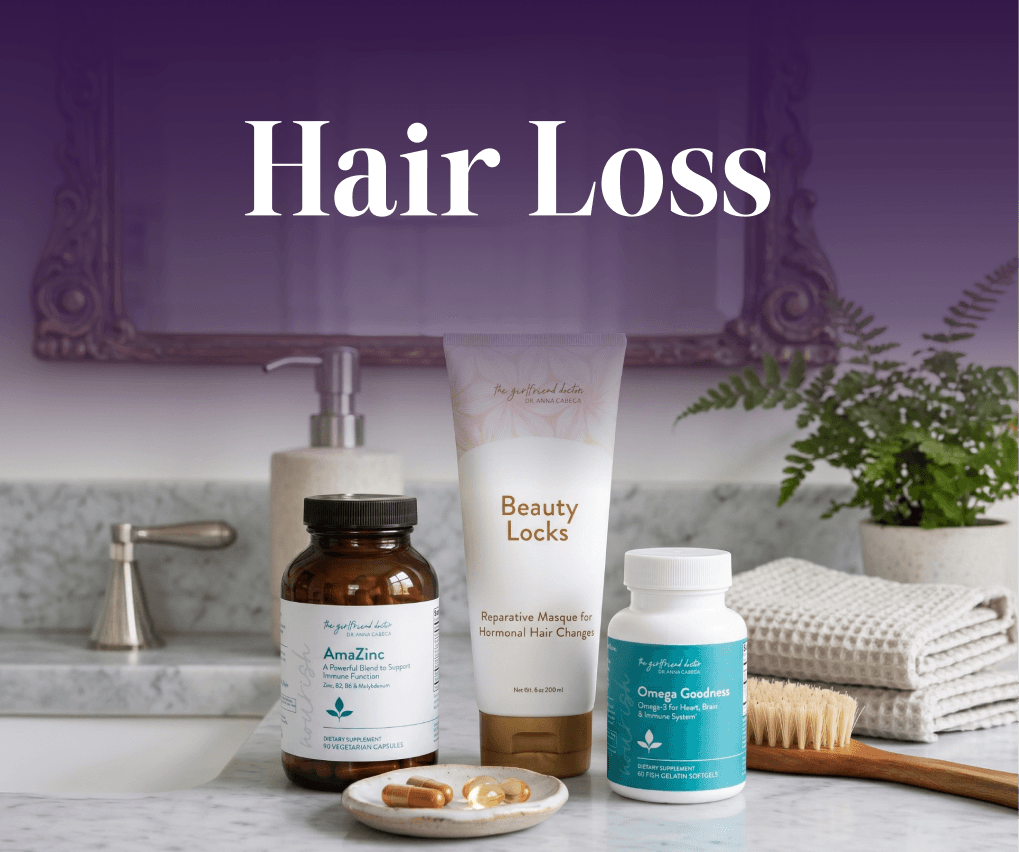 Hair care products on a bathroom counter with 'Hair Loss' text overlay.