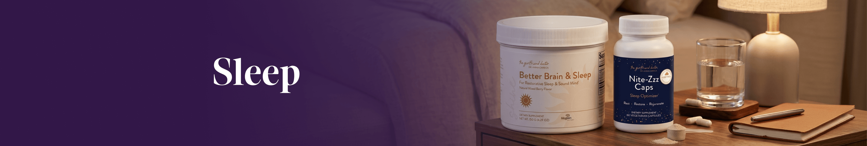 Supplement containers on a nightstand with 'Sleep' text above.