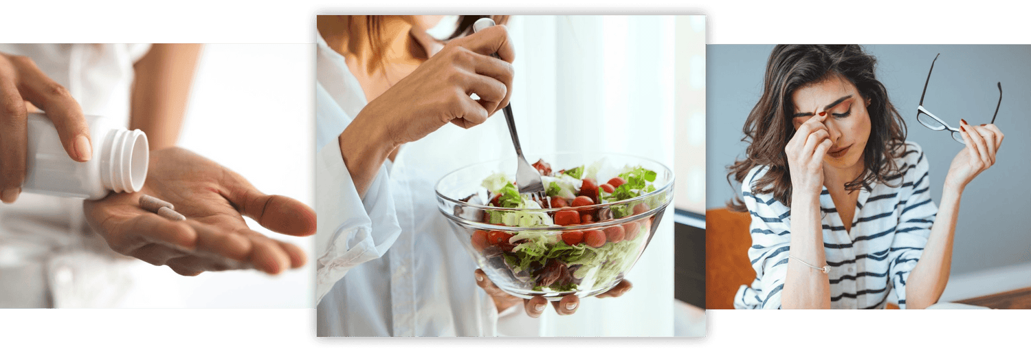 Three images: hands opening a pill bottle, a person eating salad, and a person with glasses in their mouth.