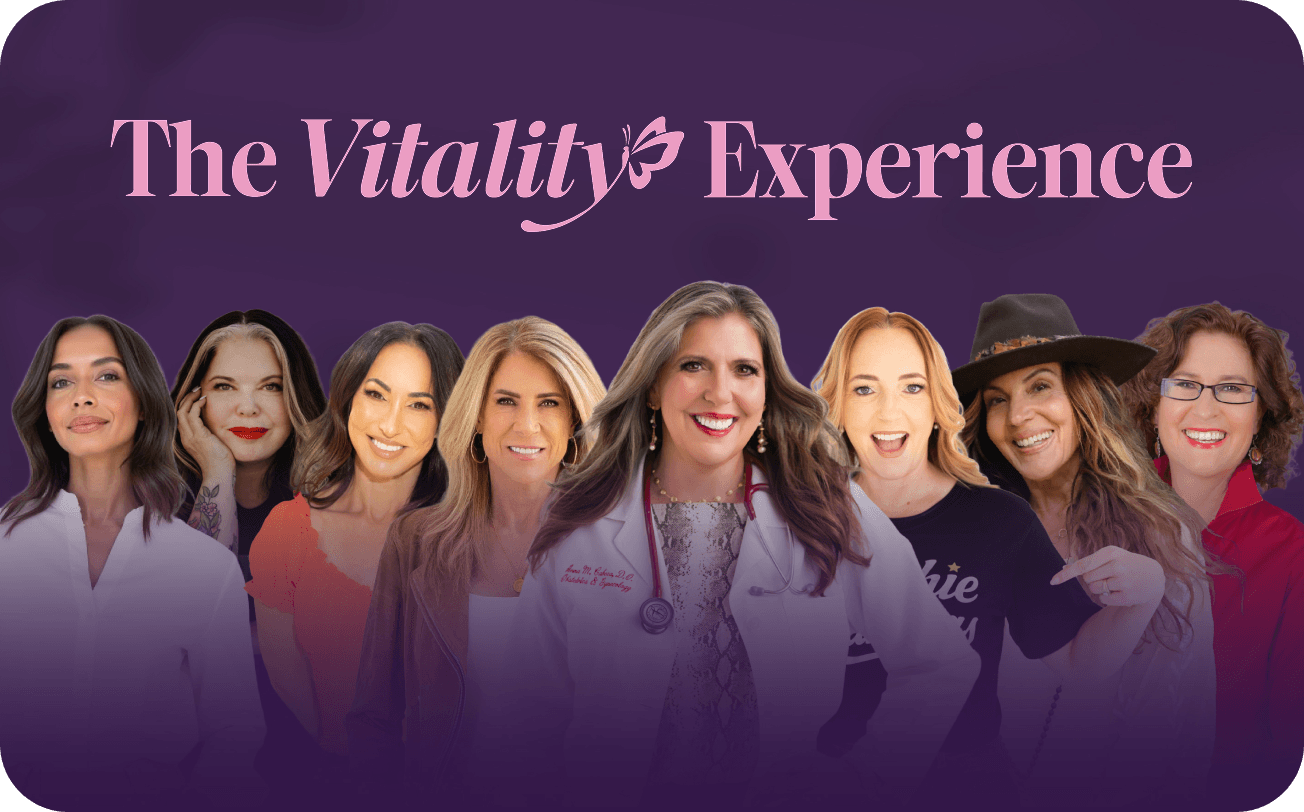 A promotional graphic with the text 'The Vitality Experience' in pink on a purple gradient background, with a row of eight women's faces and upper bodies overlaid across the center.