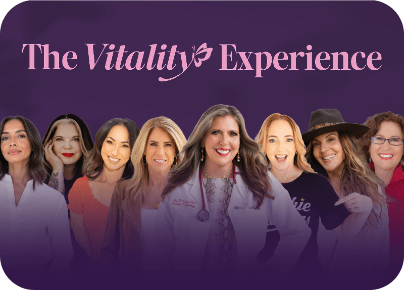 A promotional graphic with the text 'The Vitality Experience' in pink on a purple background, with a row of overlapping women's portraits in front of a dark purple gradient.