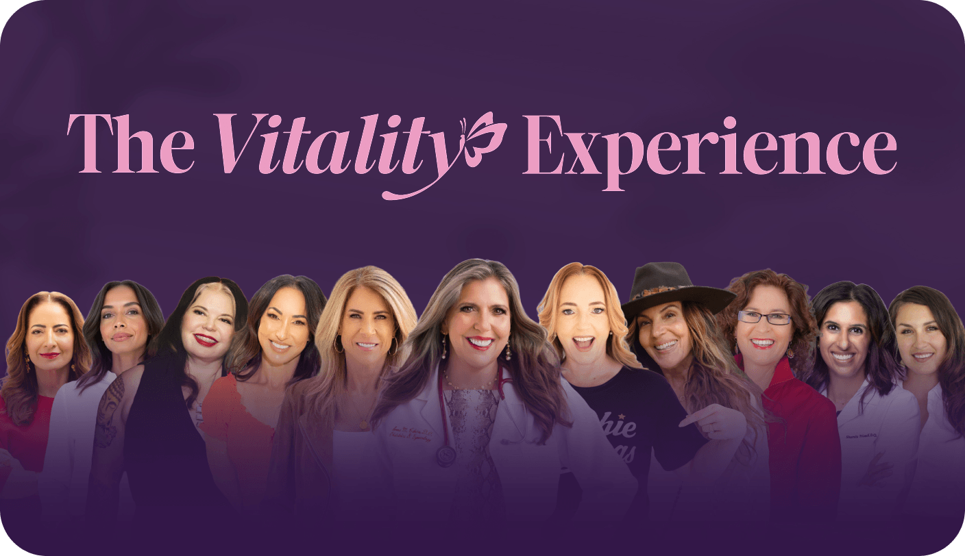 Promotional graphic for 'The Vitality Experience' featuring a group of smiling women against a dark purple background with pink text.