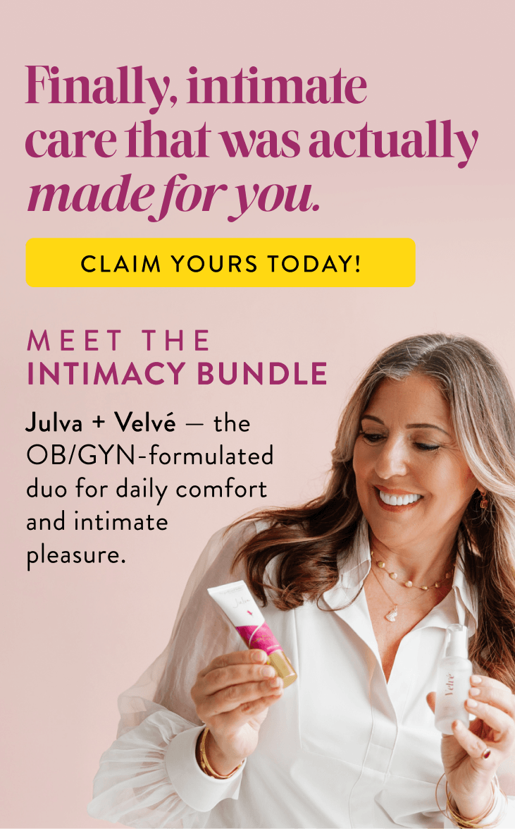 Advertisement for an intimacy bundle with Dr. Anna Cabeca holding products Julva and Velve on a pink background