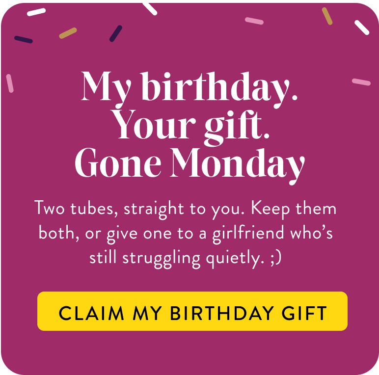 A square promotional graphic with a magenta background and white text reading 'My birthday. Your gift.