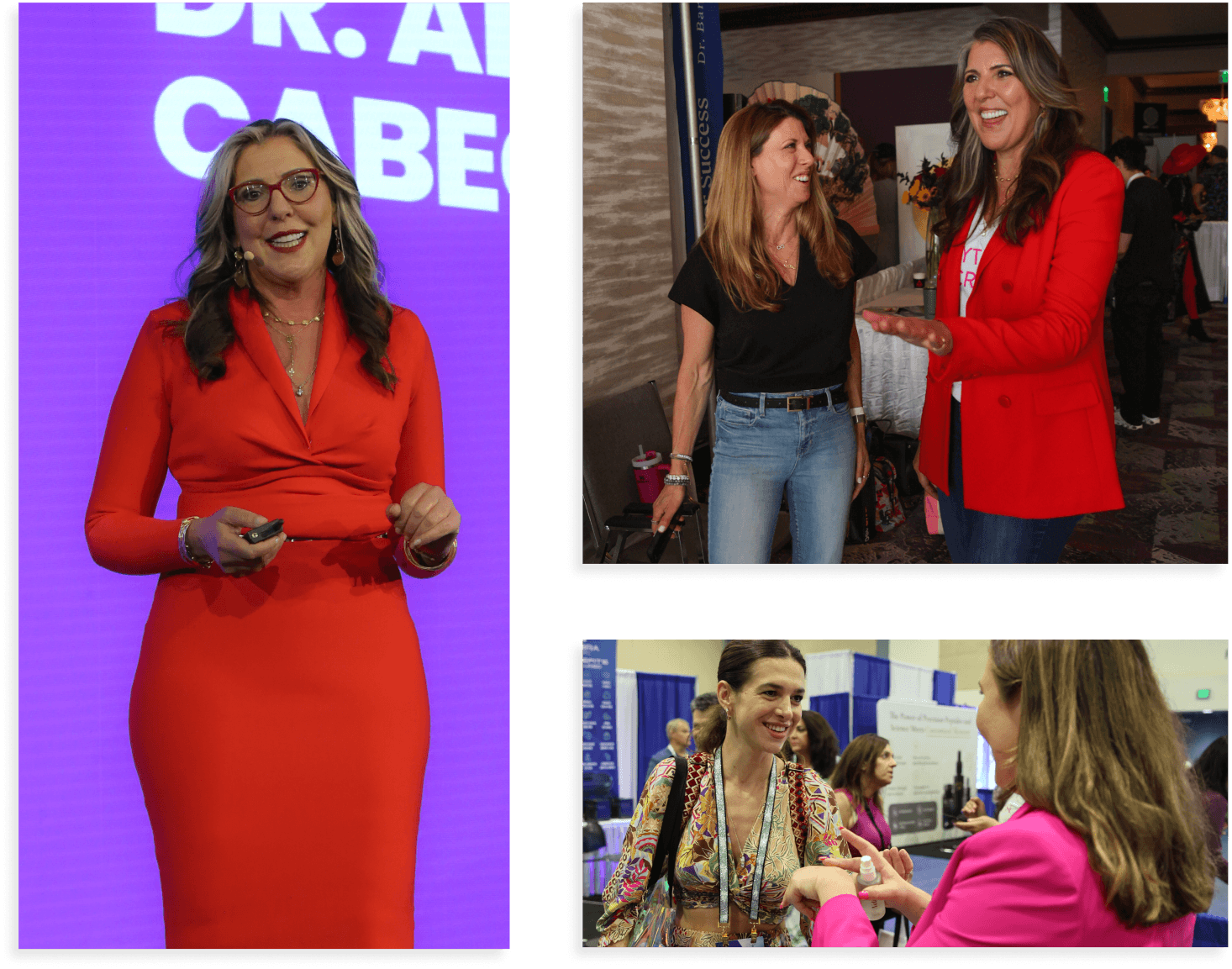 Collage of a Dr. Anna Cabeca in a red dress on a purple background, interacting with women.