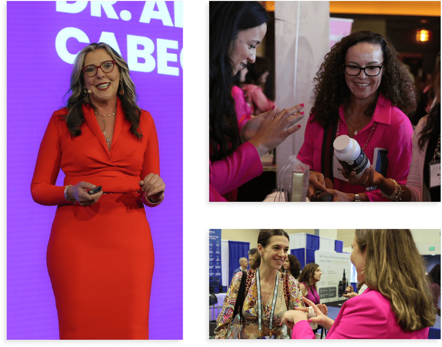 Collage of a Dr. Anna Cabeca in a red dress on a purple background, interacting with women.