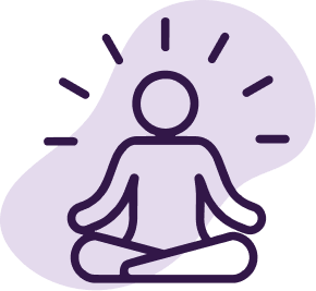 Purple icon of a person meditating with a light bulb symbol above, on a white background