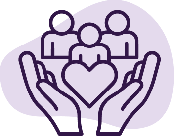 Purple icon of two hands holding a heart with a group of people above it