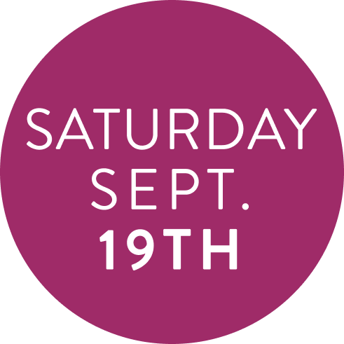 A circular magenta badge with white text reading 'SATURDAY SEPT. 19TH' on a plain white background.