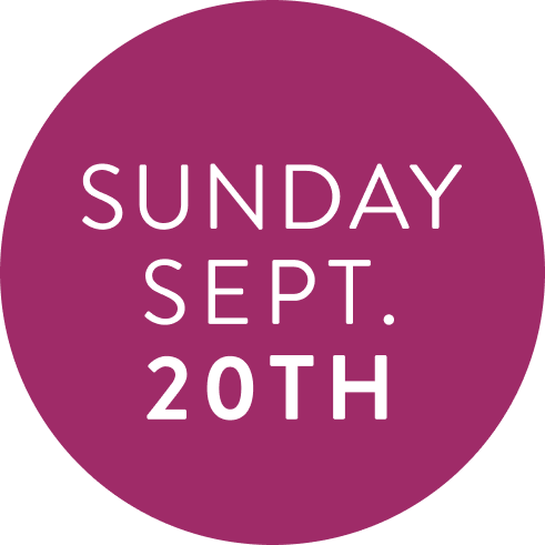 A circular magenta badge with white text reading 'SUNDAY SEPT. 20TH' on a plain white background.