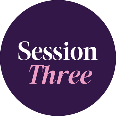 A circular graphic with a dark purple background and the words 'Session Three' in white and light pink text, centered on a black background.