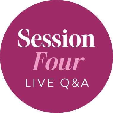 A circular magenta graphic with white text reading 'Session Four LIVE Q&A' on a black background.