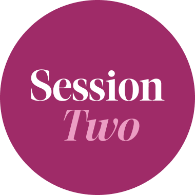 A circular graphic with a magenta background and white text reading 'Session Two'.