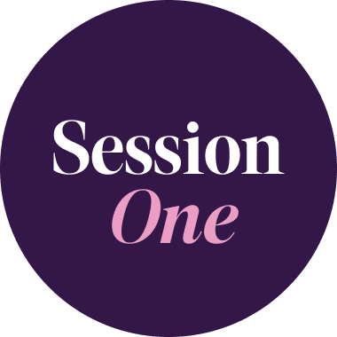 A circular graphic with a dark purple background and the words 'Session One' in white and light pink lettering, centered on a black background.