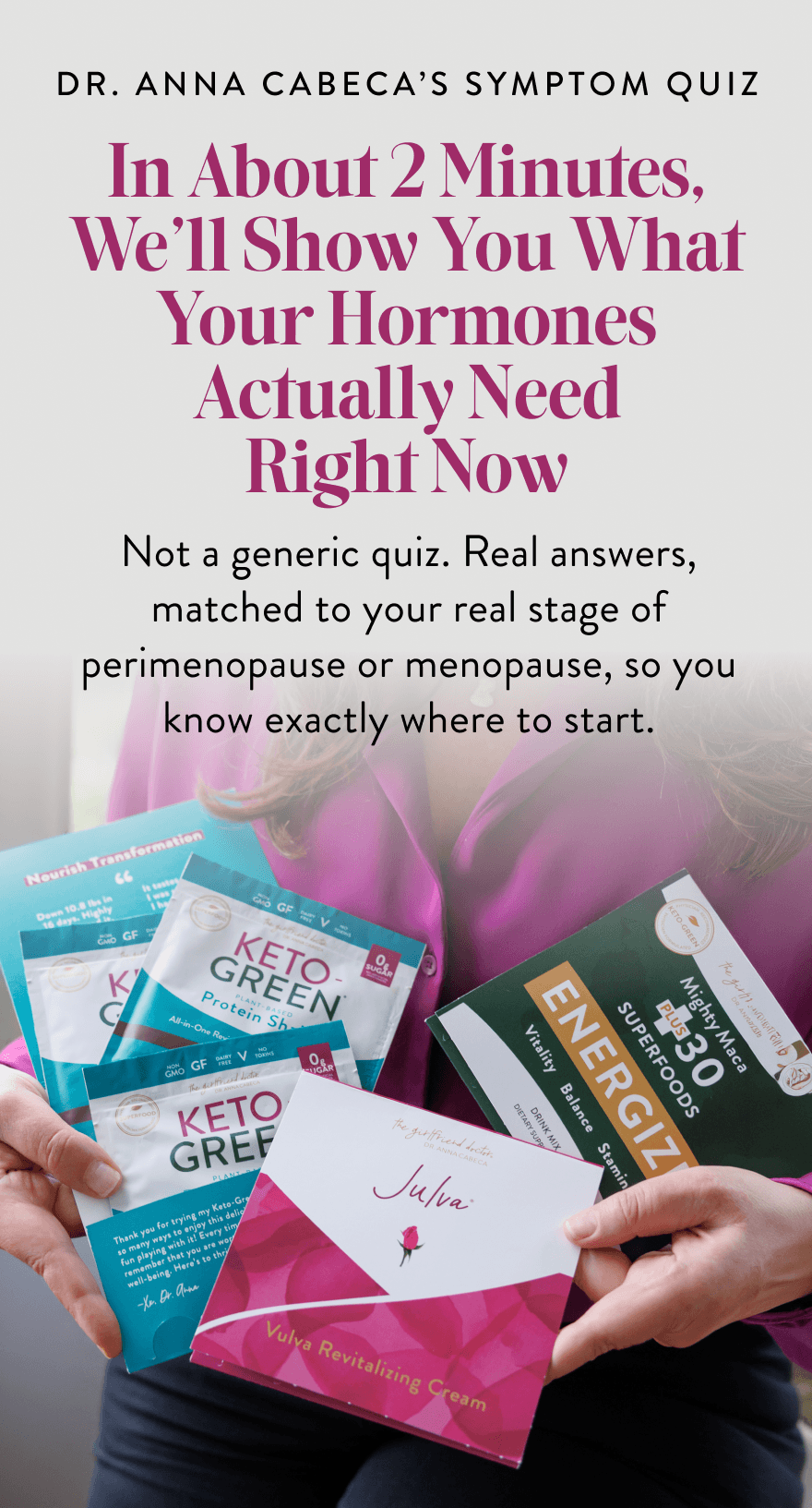 Promotional graphic for a symptom quiz by Dr. Anna Cabeca, with large pink and black text on a white background and a photo of hands holding several supplement pouches and a pink envelope in the foreground.