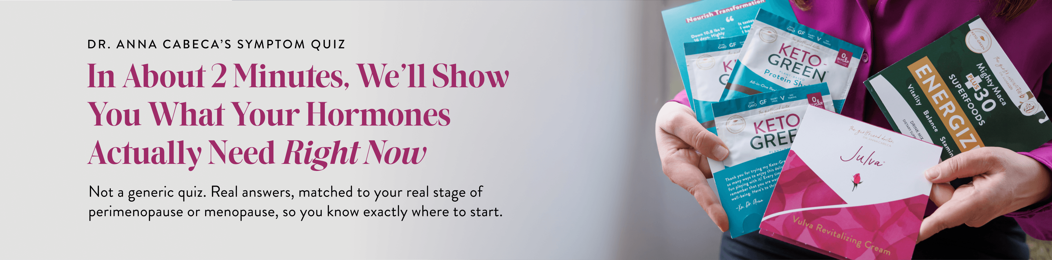 Promotional banner for Dr. Anna Cabeca's symptom quiz, featuring a person holding several colorful hormone testing booklets and cards against a white background with pink text.