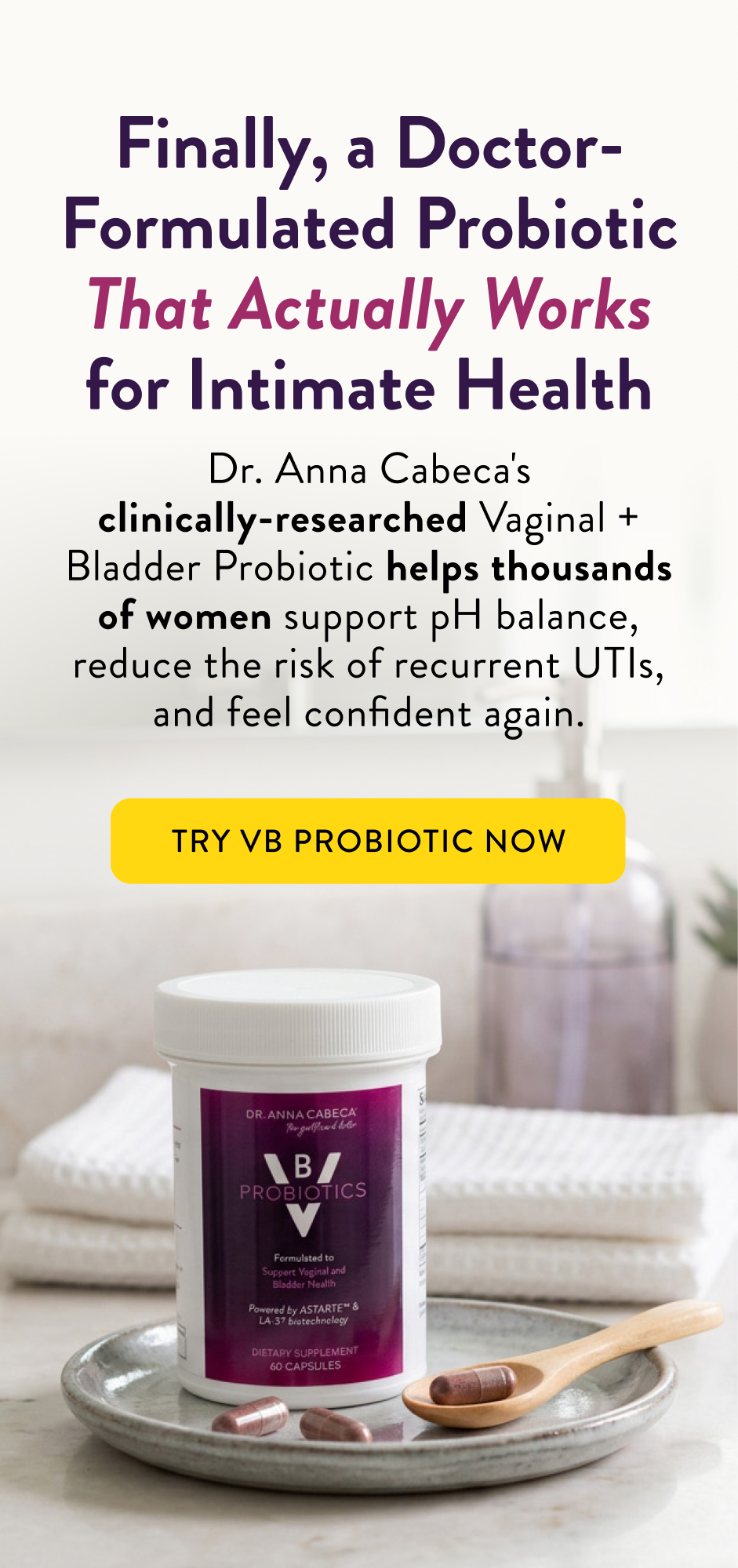 VB Probiotics with a container on a tray and text about intimate health benefits.