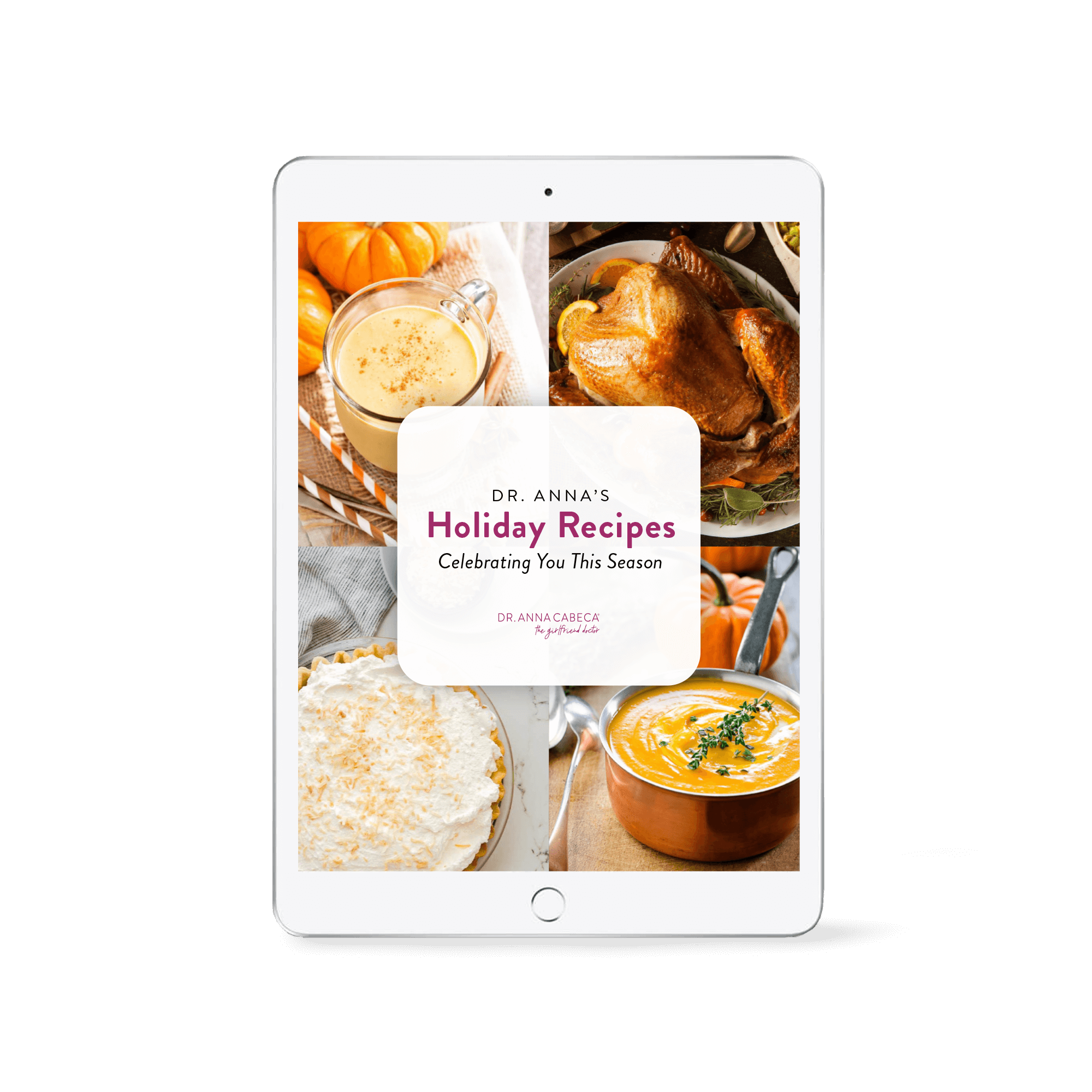 iPad displaying a holiday recipes PDF, with images of food on a black background