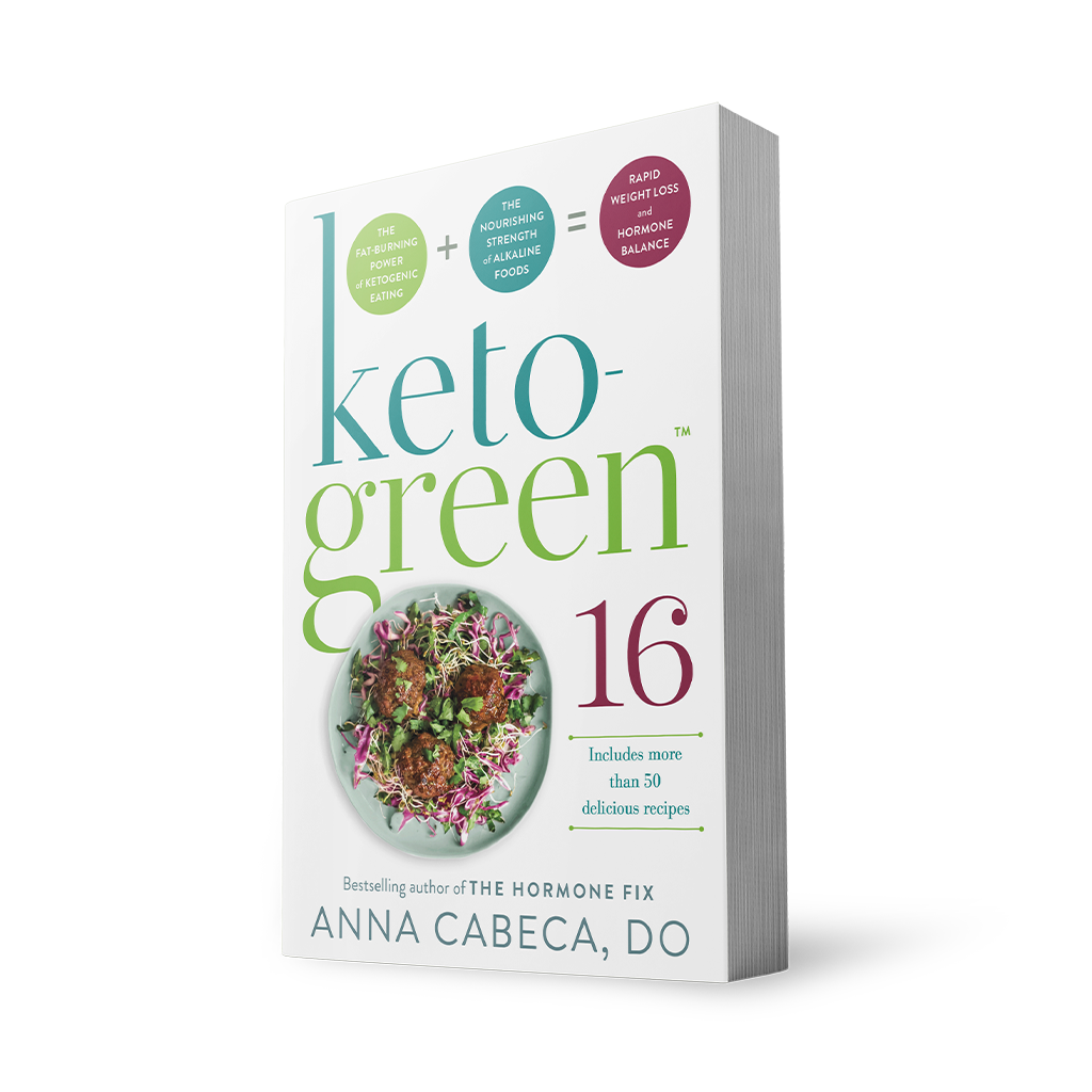 Paperback book cover of 'Keto-Green 16' by Anna Cabeca, DO. Includes 50 delicious recipes. Graphic contains a plate of food