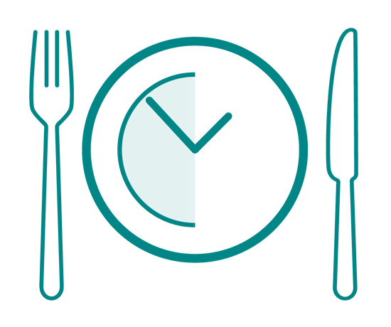 Icon: Meal place setting with clock hands superimposed