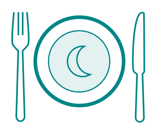 Icon: Meal place setting with a moon superimposed