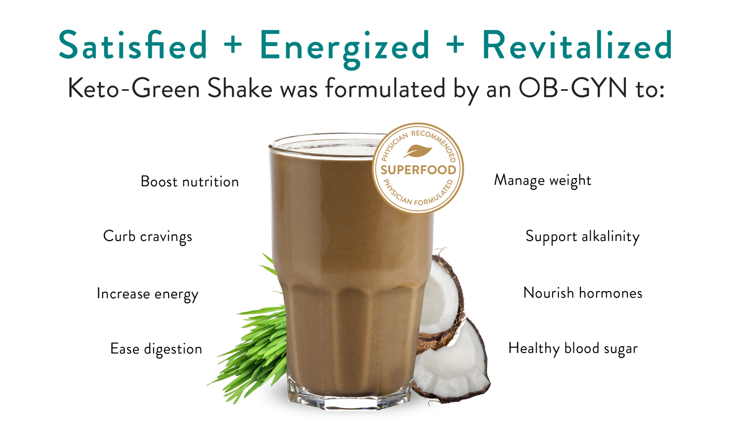 Satisfied + Energized + Revitalized. Keto-Green Shake was formulated by an OB-GYN to: Boost nutrition. Curb cravings. Increase energy. Esae digestion. Manage weight. Support alkalinity. Nourish hormones. Healthy blood sugar