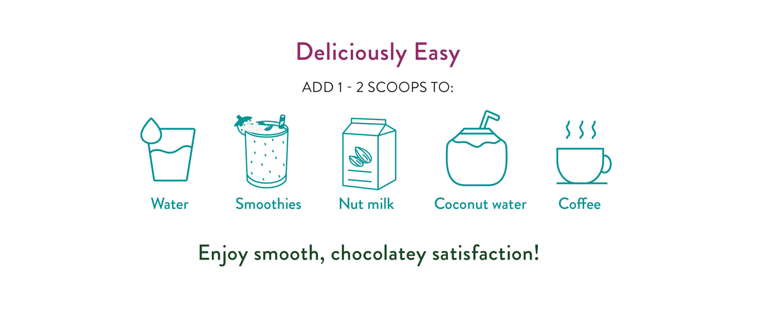 Delicously Easy. Add 1-2 scoops to: Water, smoothies, nut milk, coconut water, coffee. Enjoy smooth, chocolatey satisfaction!