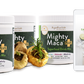 Mighty Maca Plus superfood drink mix containers with a tablet displaying recipes on a white background