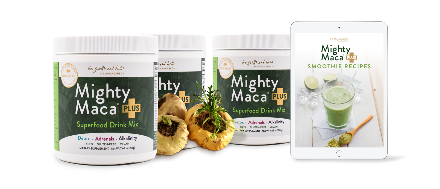 Mighty Maca Plus superfood drink mix containers with a tablet displaying recipes on a white background