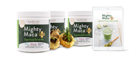 Mighty Maca Plus superfood drink mix containers with a tablet displaying recipes on a white background