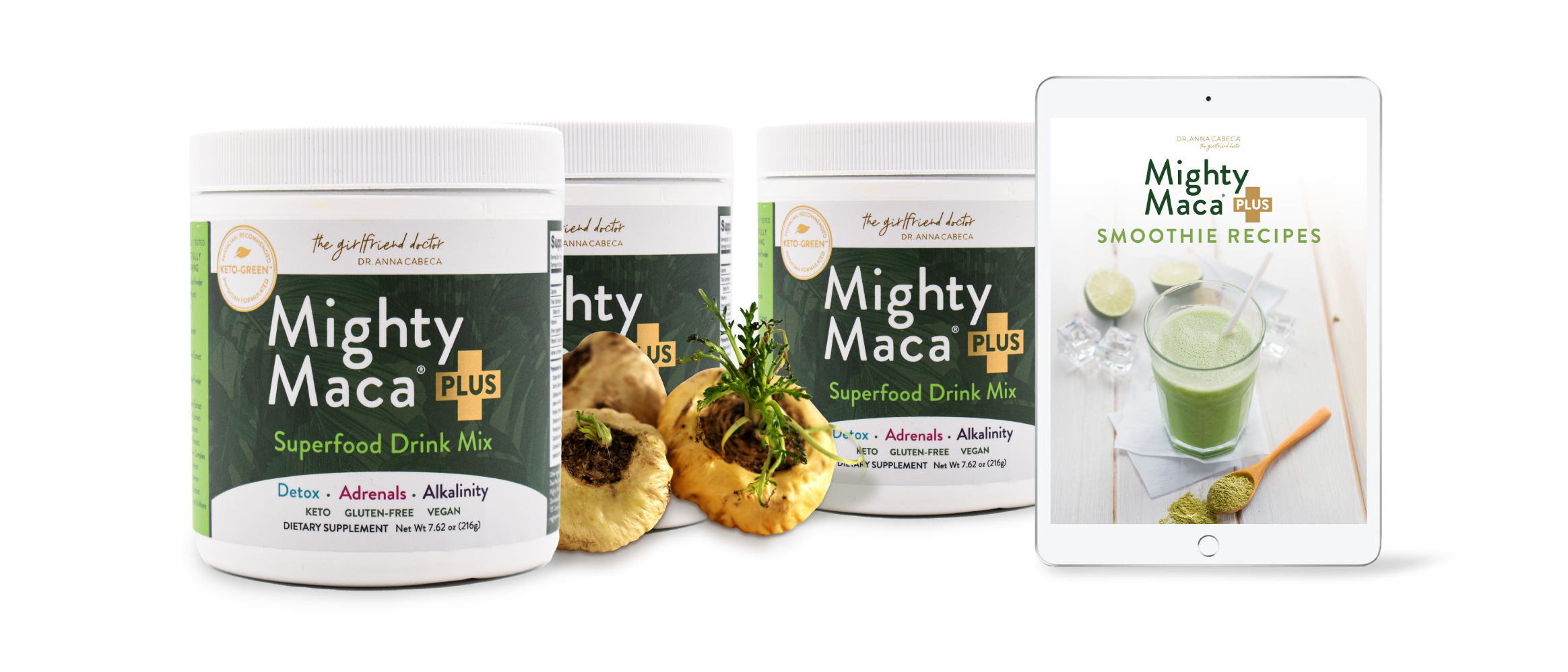 Mighty Maca Plus superfood drink mix containers with a tablet displaying recipes on a white background