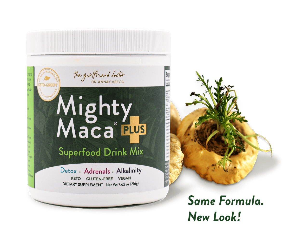 Same Formula, new look. Photo of our updated Mighty Maca canister, sitting next to a maca root