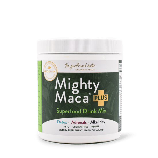 Mighty Maca Plus superfood drink mix container on a white background