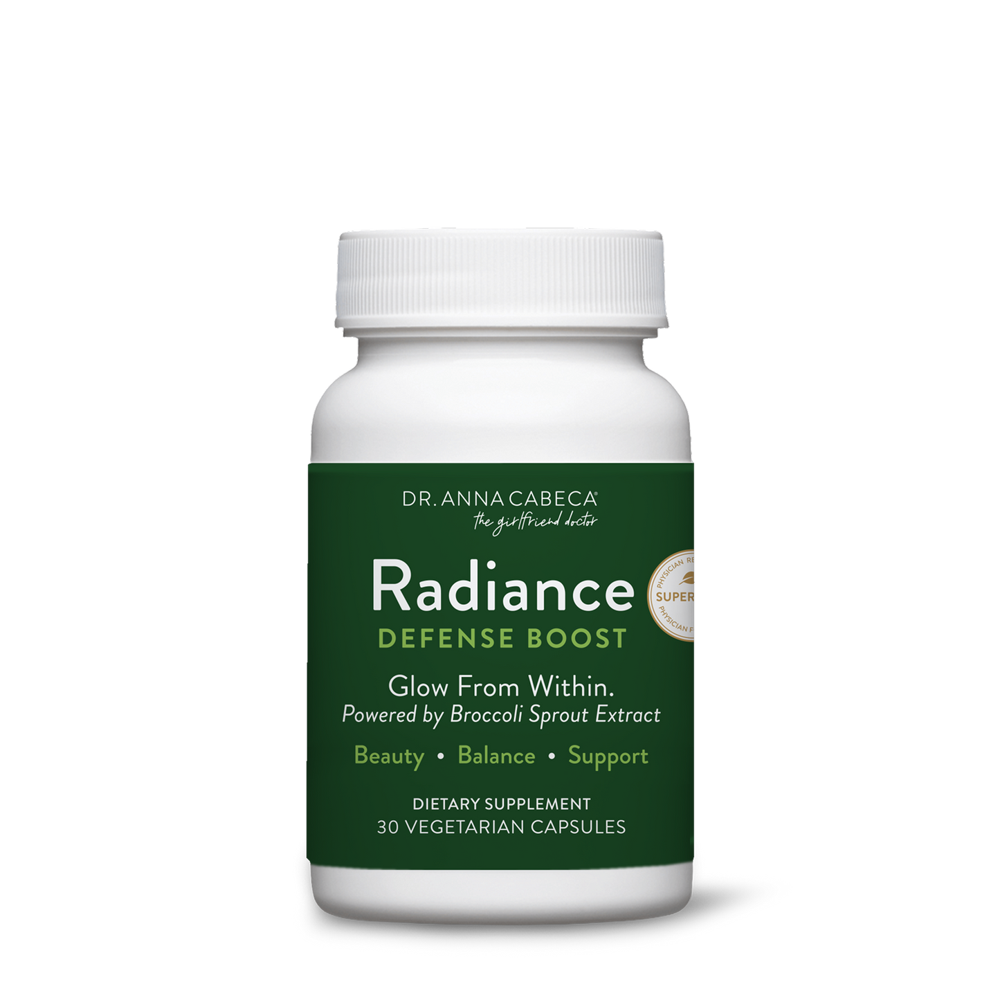 Supplement bottle labeled 'Radiance Defense Boost' by Dr. Anna Cabeca on a white background