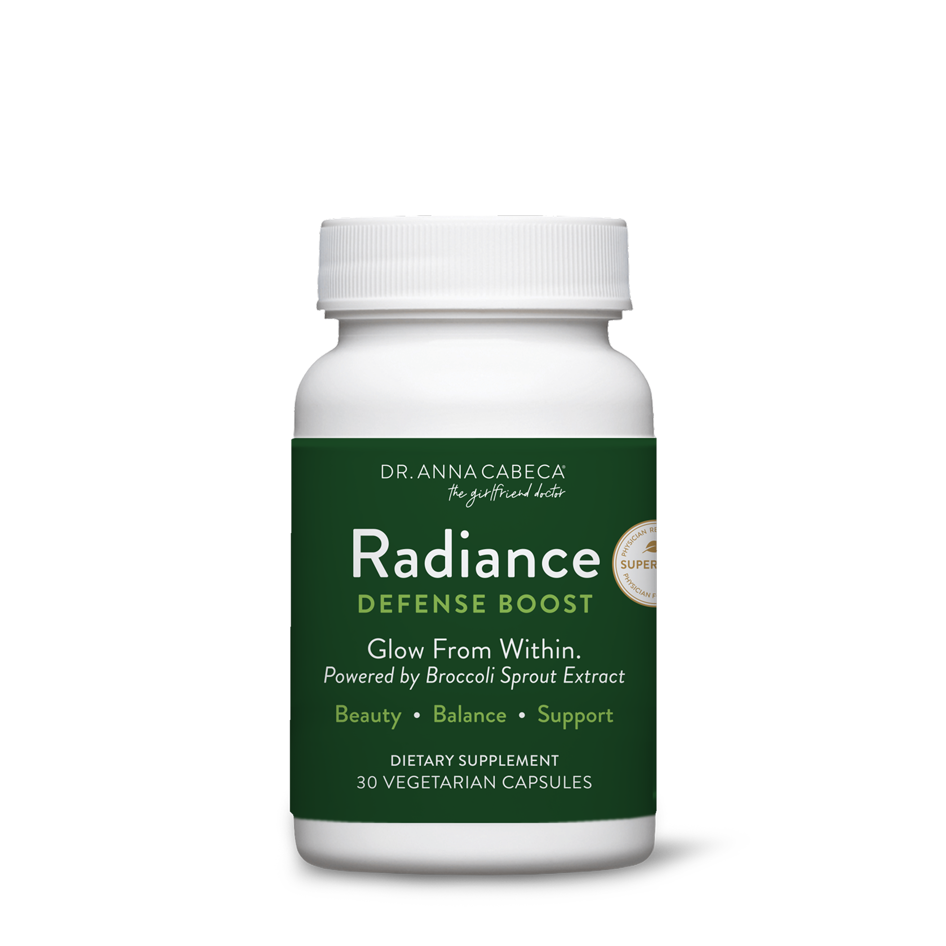 Supplement bottle labeled 'Radiance Defense Boost' by Dr. Anna Cabeca on a white background
